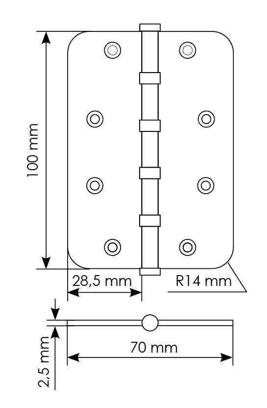 Петля стальная MSN-C 100X70X2.5-4BB SN скругленная универсальная с подшипником, вес полотна до 40 кг, цвет белый никель фото купить в Кирове